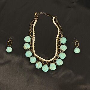 Premier Designs Necklace Earrings Set Blue Turquoise Pearl Bronze Boho‎